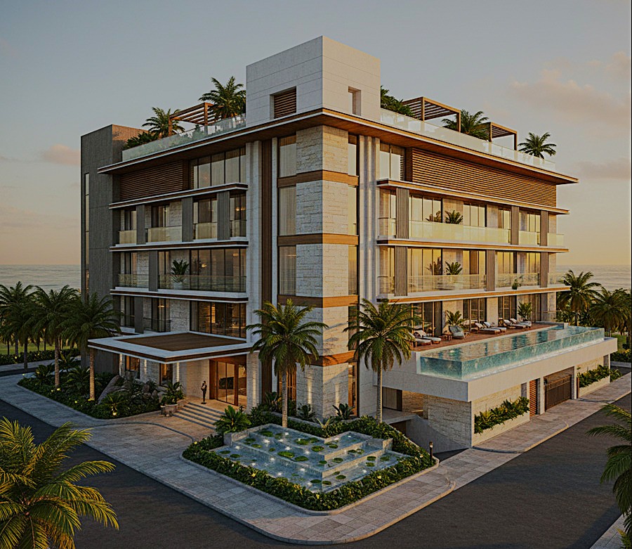 architecture design studio concept – modern building with blueprint details